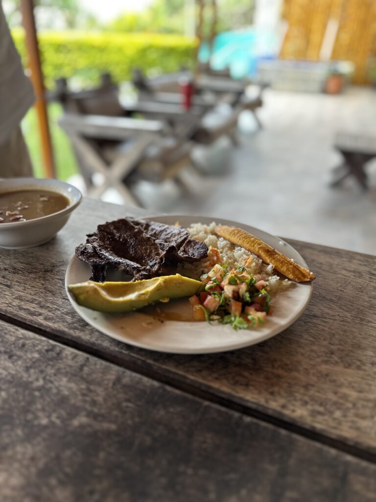 A traditional Colombian meal served on a white plate, featuring rice, beans, grilled meat, plantains, avocado, and a small arepa, with colorful garnishes on the side